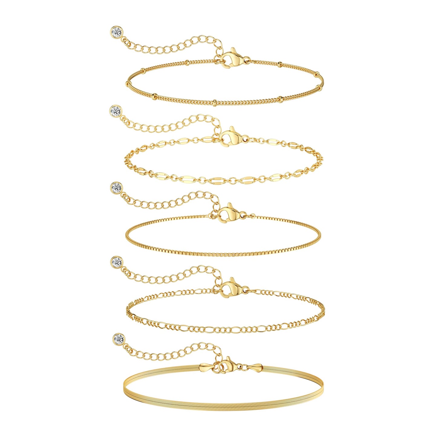 14K Gold Plated Bracelet Set for Women, Dainty Layered Bracelet Stack Simple Tiny Satellite Figaro Snake Chain Box Bracelets Cute Thin Minimalist Fashion Jewelry Gifts for Women Trendy