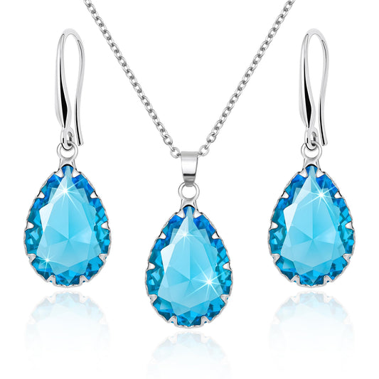 Linawe Silver Jewelry Sets for Women, Aquamarine Blue Necklace and Earring Set, Birthstone Crystal Imitation Diamond Pendant Necklace Set, Tear Drop Earrings Jewelry Set Costume