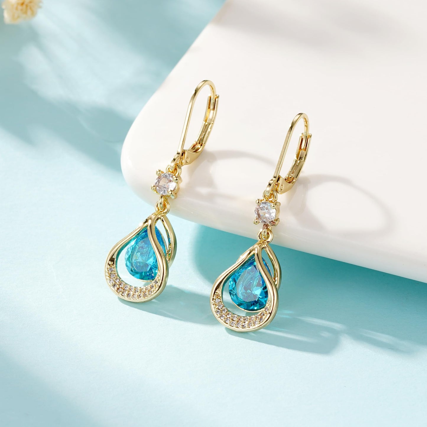 Dangle Trendy Leverback Birthstone Earrings 14K Gold Plated Teardrop Dangle Earrings Jewelry Christmas Birthday Gifts for Women(Gold December)