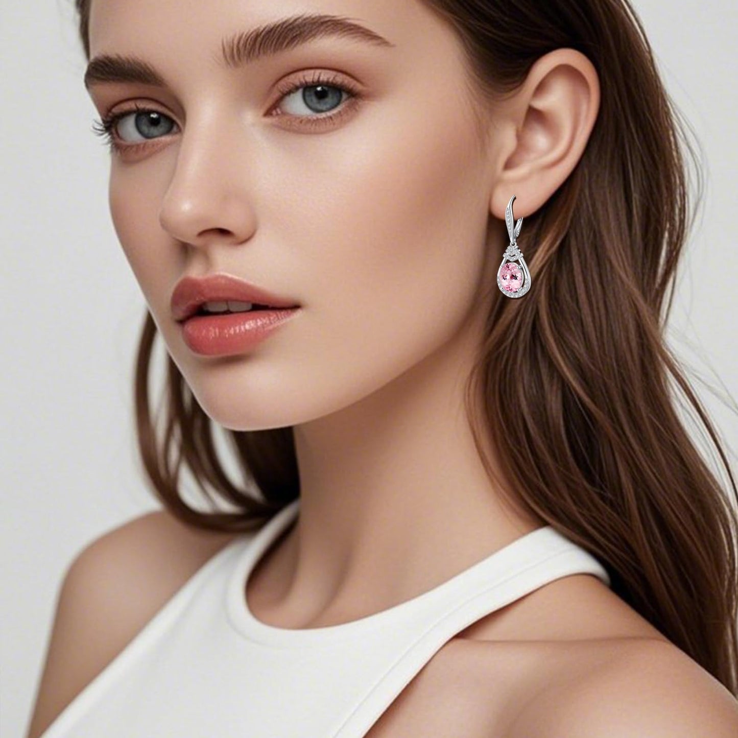 Sparkling Pink Tourmaline Earrings for Women S925 Sterling Silver October Birthstone Dangle Earrings for Women CZ Teardrop Leverback Drop Earring Jewelry Birthday Gifts for Girlfriend