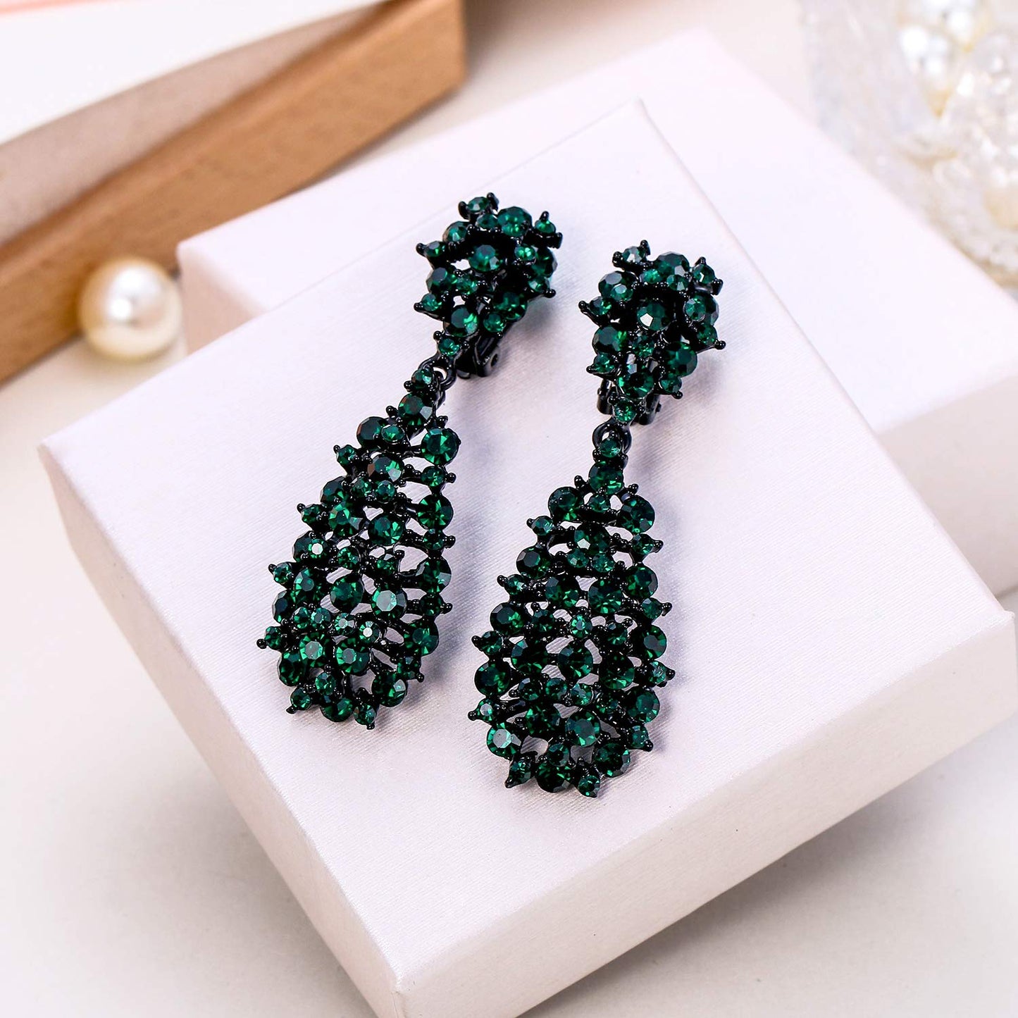 EVER FAITH Women's Jewelry Green Crystal Hollow Waterdrop Vinatge Style Dangle Clip-on Earrings Black-Tone