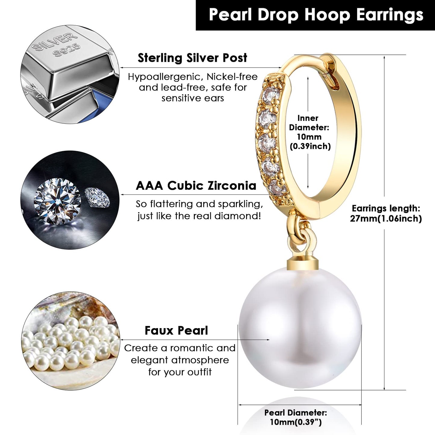 CERSLIMO Gold Pearl Earrings for Women | S925 Sterling Silver Post Simulated Shell Pearl Hoop Dangle Drop Earrings, Hypoallergenic Cubic Zirconia Huggies Earrings Bridesmaid Jewelry
