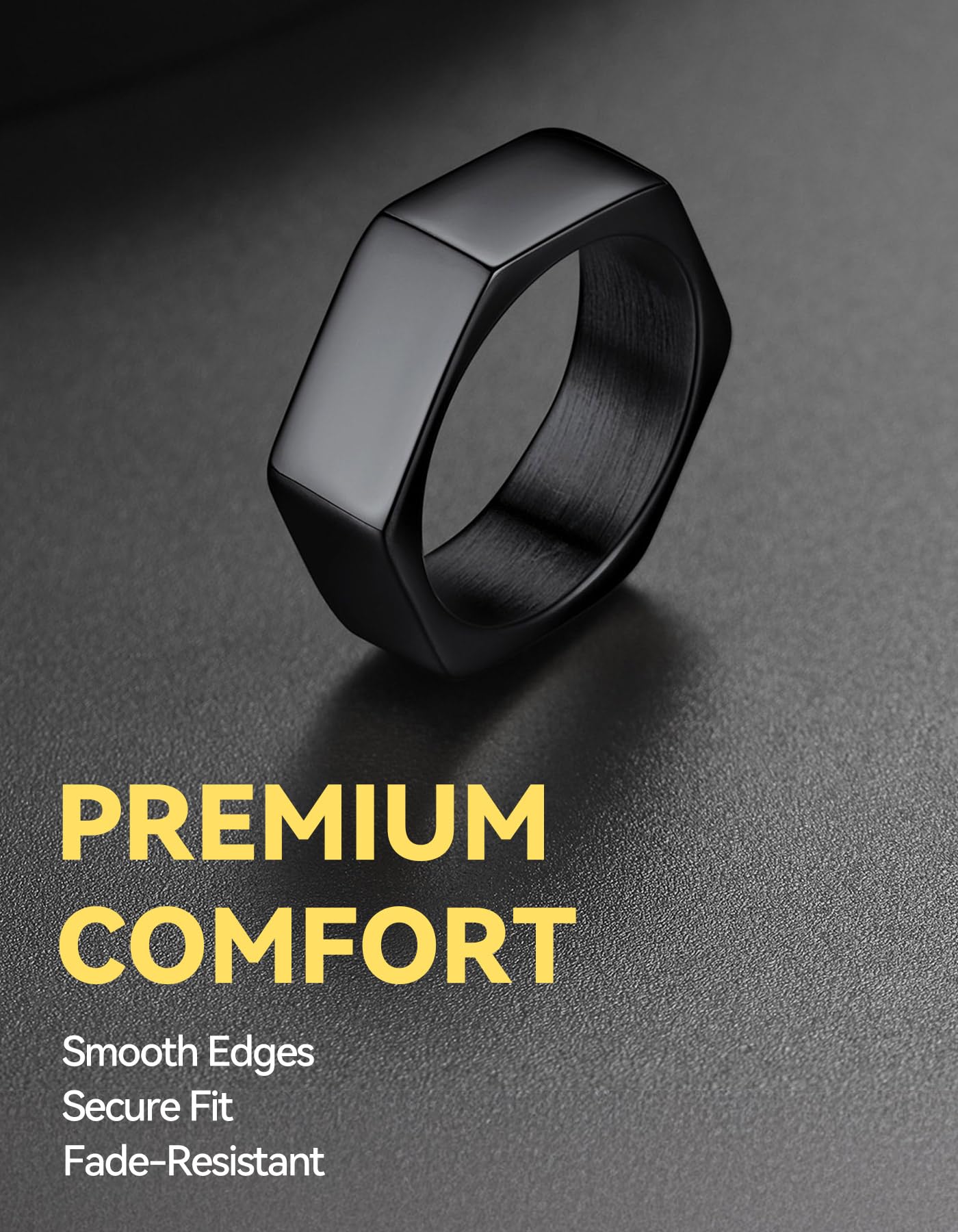 ChainsHouse Black Biker Ring Stainless Steel Jewelry Size 12 Punk Hexagon Geometric Band Rings