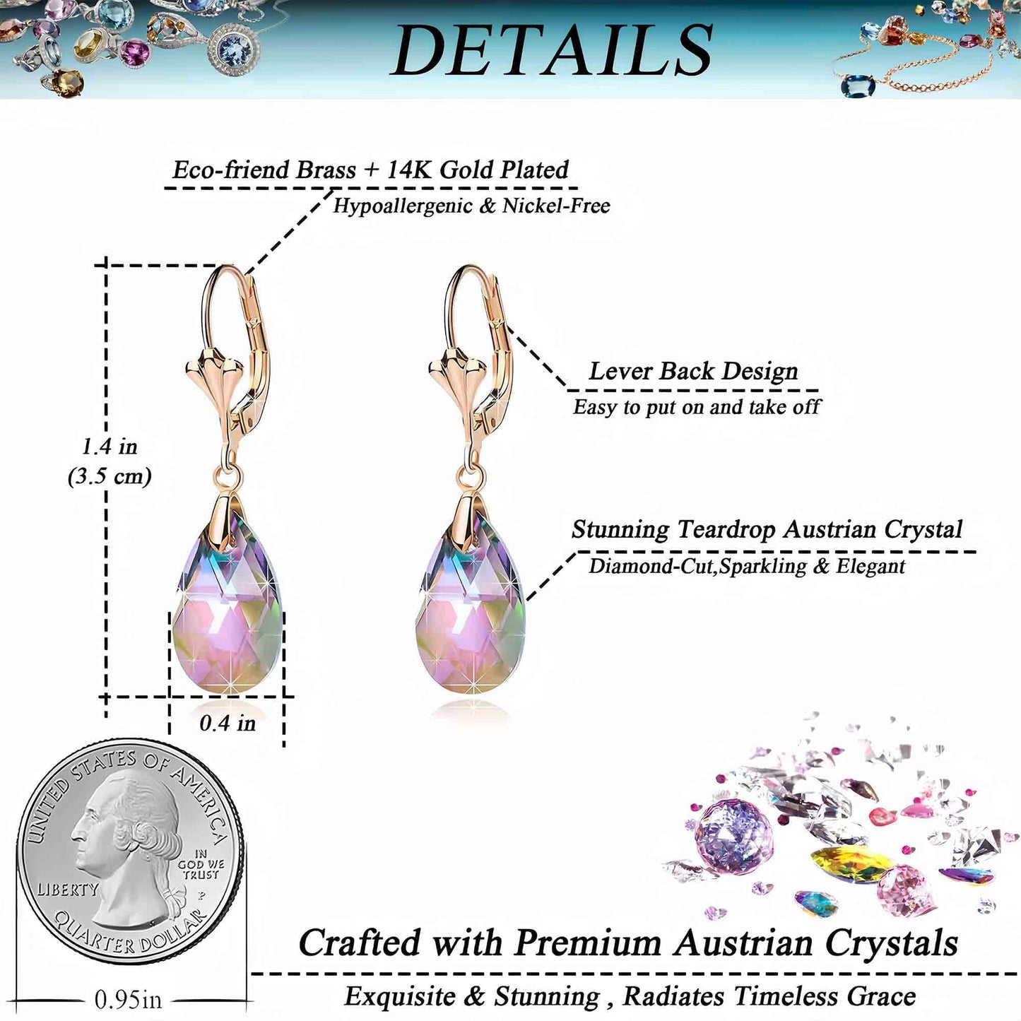 Austrian Crystal Teardrop Leverback Dangle Earrings for Women Fashion 14K Gold Plated Hypoallergenic Jewelry (Rainbow)