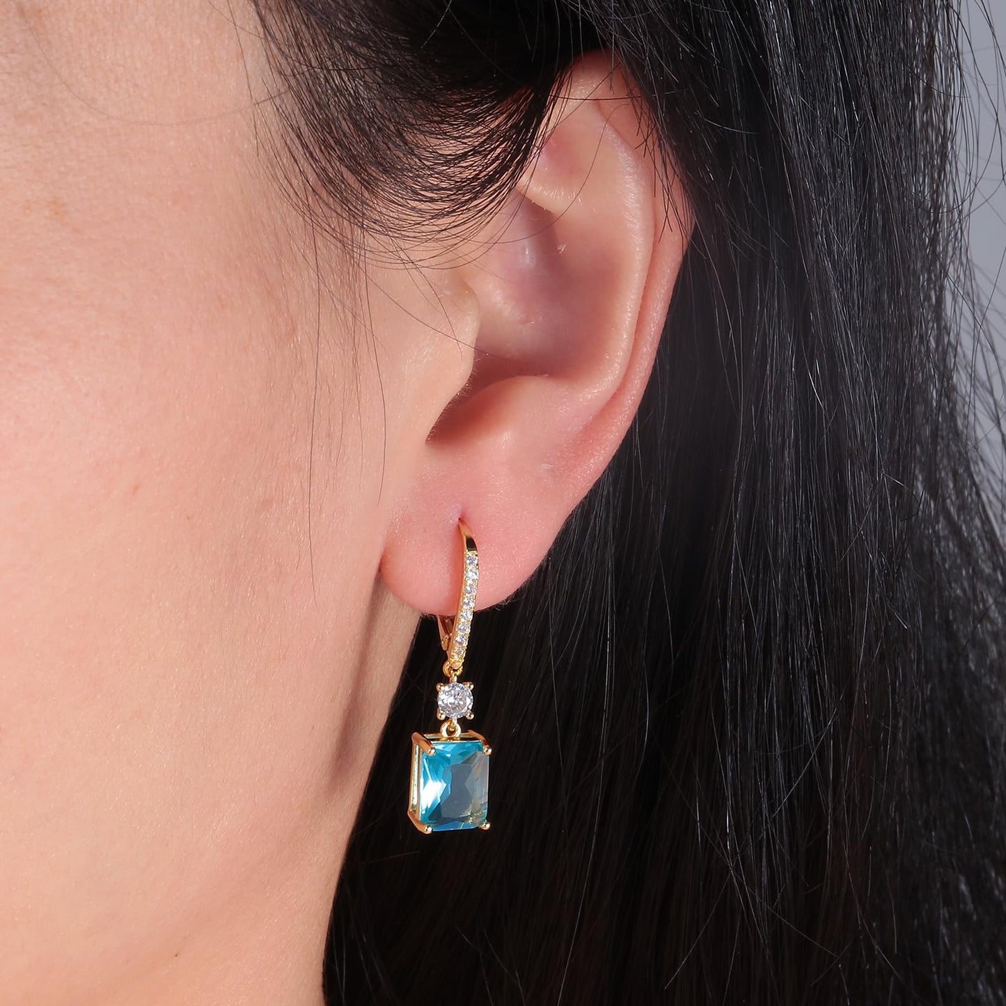 CiNily Leverback Earrings for Women Rectangular-cut Drop Dangle Earring Hypoallergenic, 14K Yellow Gold Plated Blue Cubic Zircon Earrings Diamond Dangle Ear Rings Jewelry for Xmas Birthday