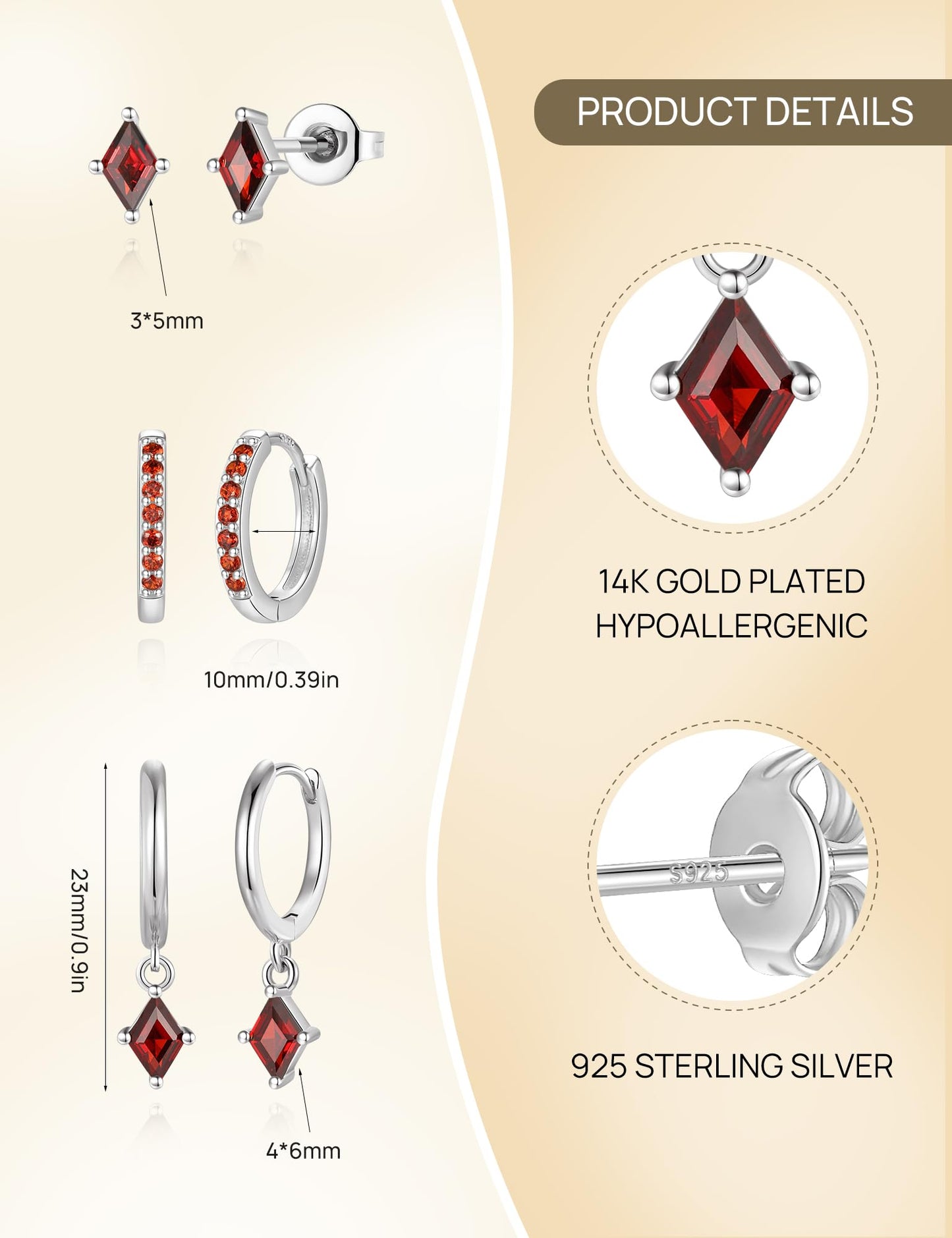 Angelady 3 Pairs Sterling Silver Hoop Earrings Set for Women, Hypoallergenic Red Silver Earrings, Dainty Huggie Hoops Ruby Earring Cartilage Stud Earring Stacks Trendy Red Jewelry Gifts