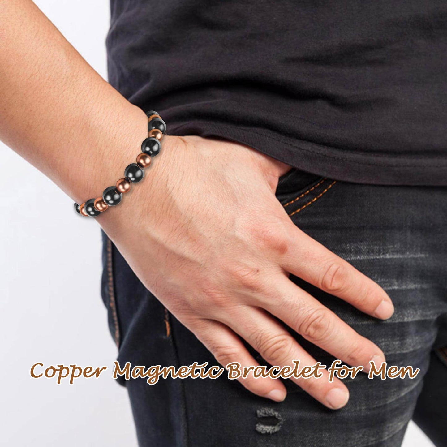 PEALICIOUS Copper Bracelet for Women and Men, 10MM Copper Magnetic Bracelet with 3800 Gauss Magnet Beads as Birthday Gift for Dad, Cooper Hematite Jewelry Pulsera De Cobre Para Mujer for Parents