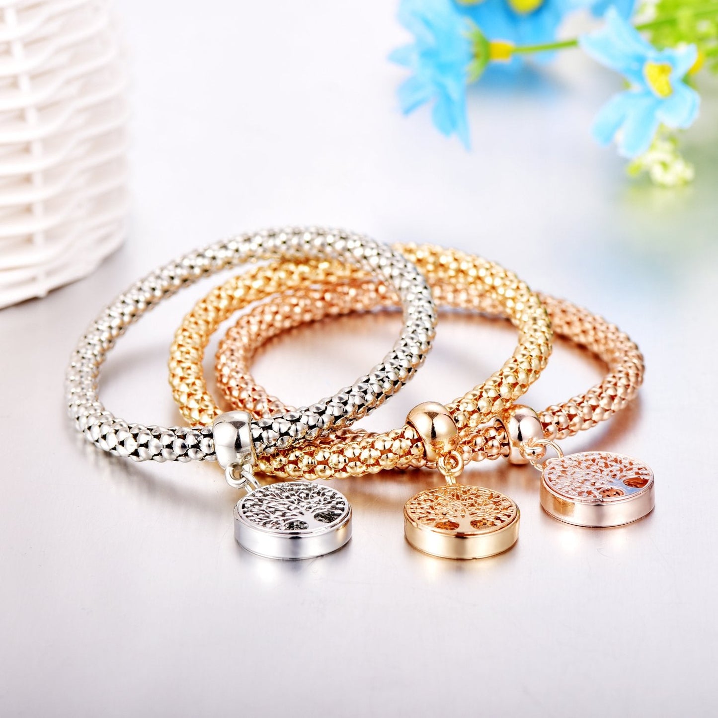 SILANER Crystal Charms Multilayer Bracelets - 3PCS Gold/Silver/Rose Gold Corn Chain Bracelet for Women, Tree of Life Heart Shaped Stretch Bracelet(Tree of Life Round Charm)