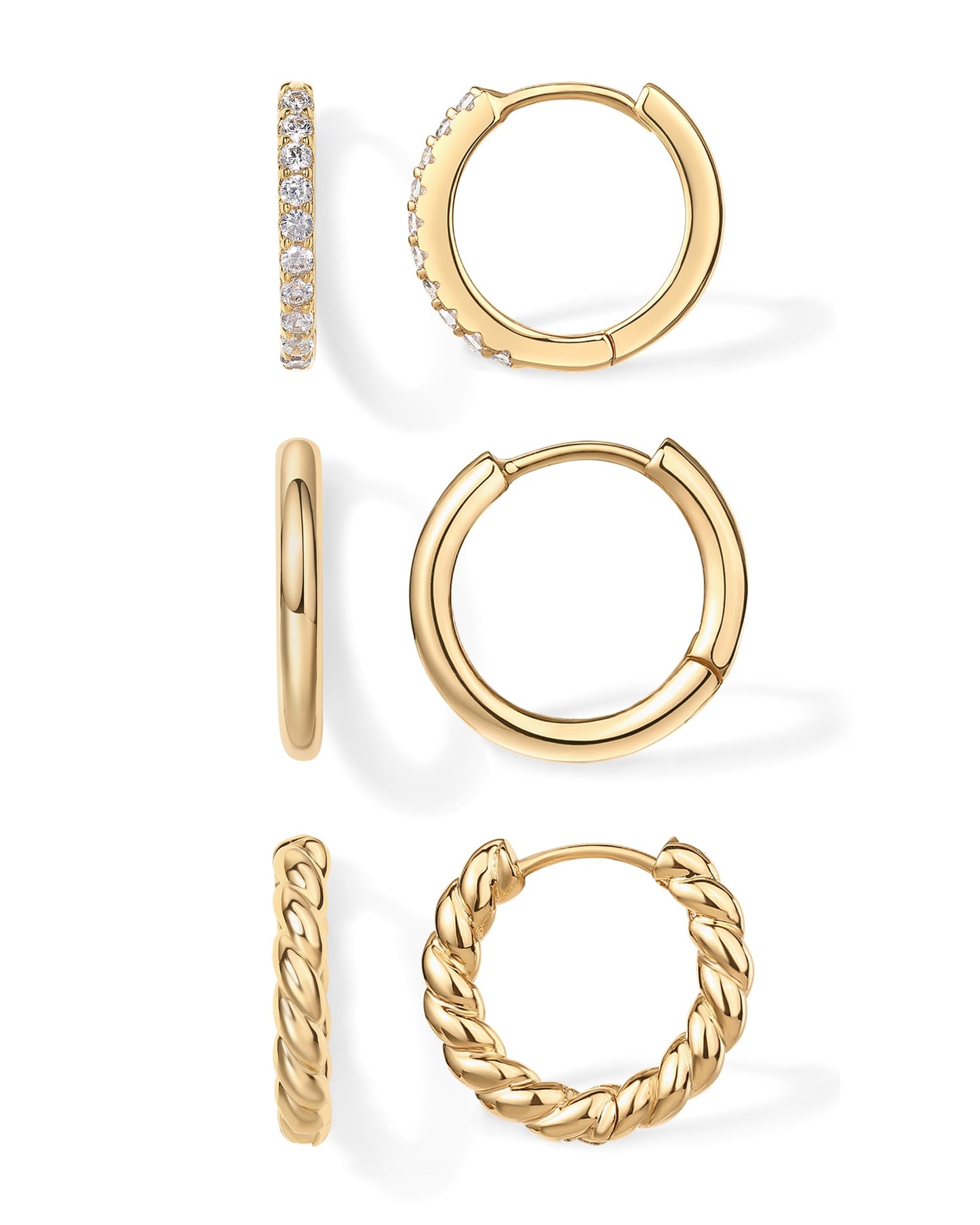 PAVOI 18K Yellow Gold Plated 925 Sterling Silver Posts 3 Pairs Small Hoop Earrings for Women - Cubic Zirconia Plain Rope Huggie Hoops Pack - Lightweight Earrings Set
