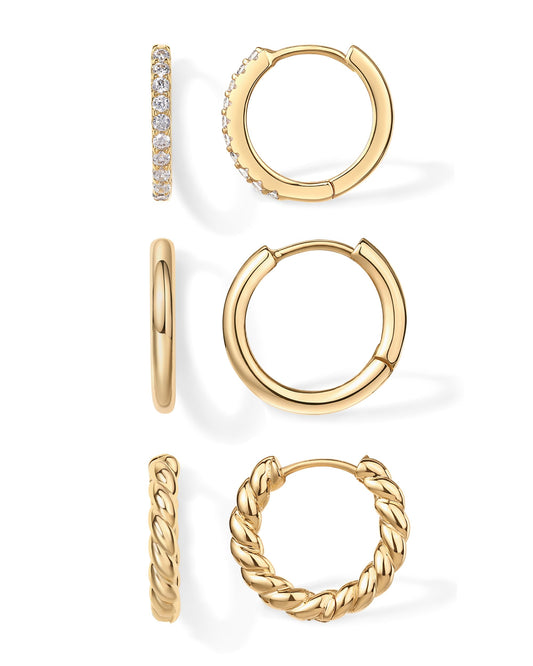 PAVOI 18K Yellow Gold Plated 925 Sterling Silver Posts 3 Pairs Small Hoop Earrings for Women - Cubic Zirconia Plain Rope Huggie Hoops Pack - Lightweight Earrings Set
