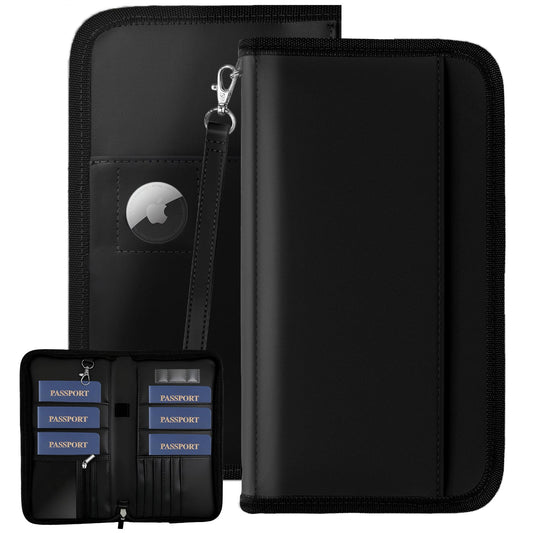GOAUS Passport Holder with AirTag Slot, PU Leather Travel Document Organizer, Multiple RFID Blocking Wallet for Family of 4 to 6 Dark Black