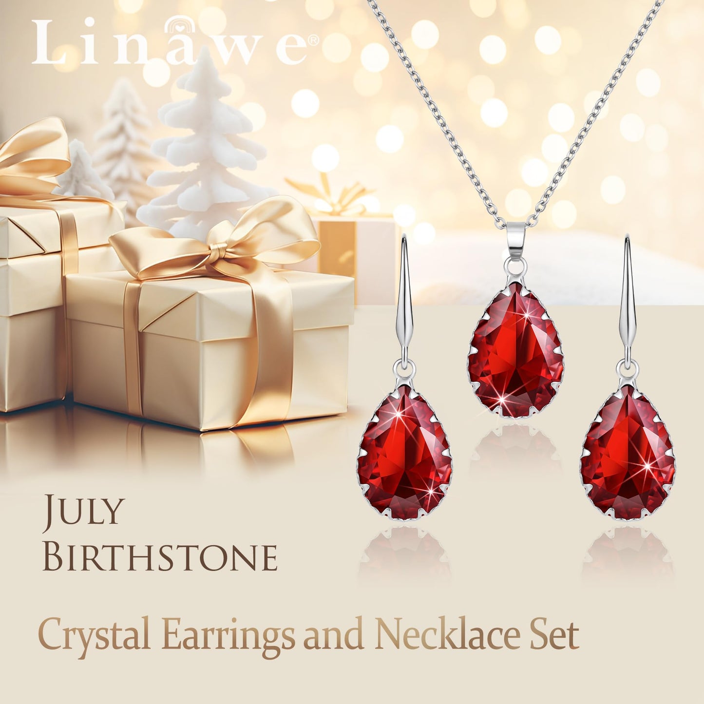 Linawe Garnet Imitation Diamond Pendant Necklace Set, Boho Ruby Crystal Wedding Jewelry Sets for Women, Silver Drop Dangle Red Earring Set, Teardrop Rhinestone Birthstone Matching Jewelry