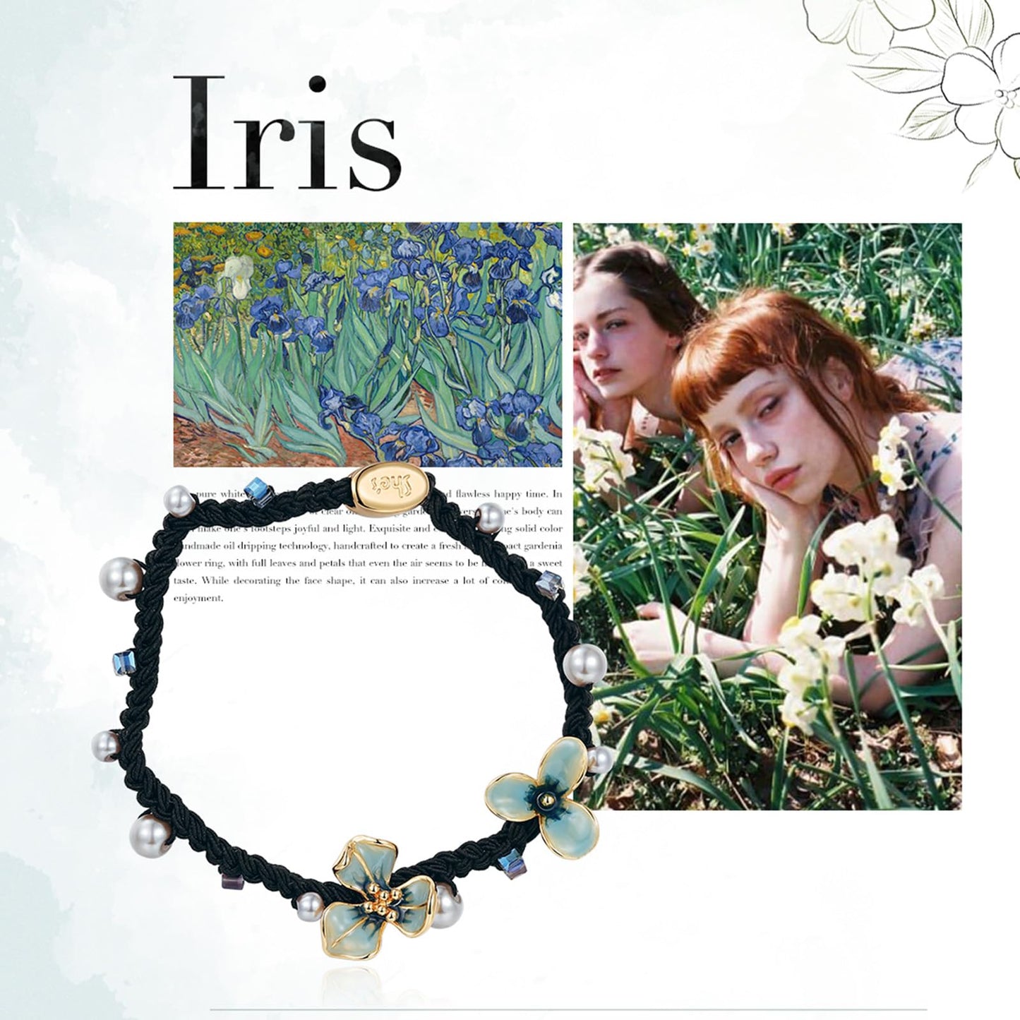 Iris Flower Hair Scrunchies with Pearl, SHE'S FREE STYLE JUST FOR YOU Hair Elastics Ponytail Holder for Women, Artistic Hair Ties for Girls, Handmade Dripping Oil Floral Accessory (Blue)