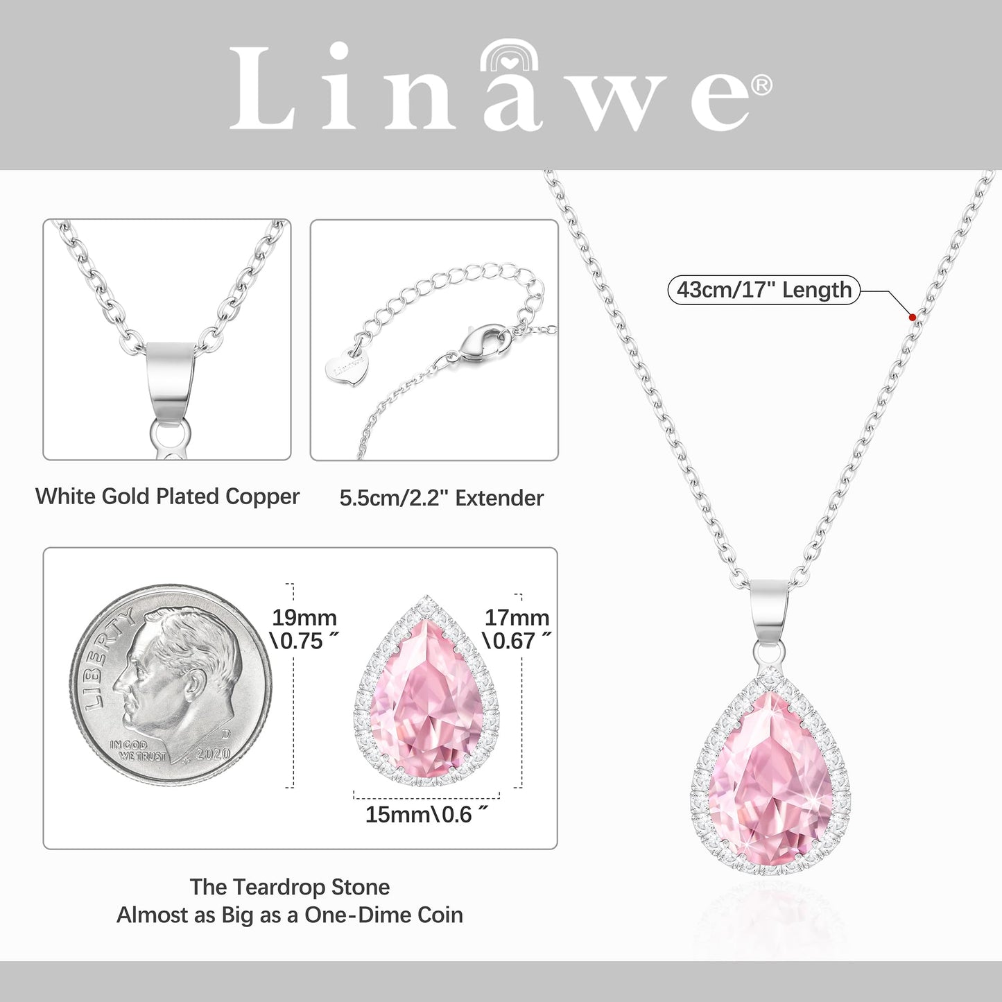 Linawe Pink Crystal Silver Chain Necklace for Women, Imitation Diamond Pendant Cubic Zirconia Birthstone Rhinestone Teardrop Necklace, Preppy Bridal Wedding Jewelry