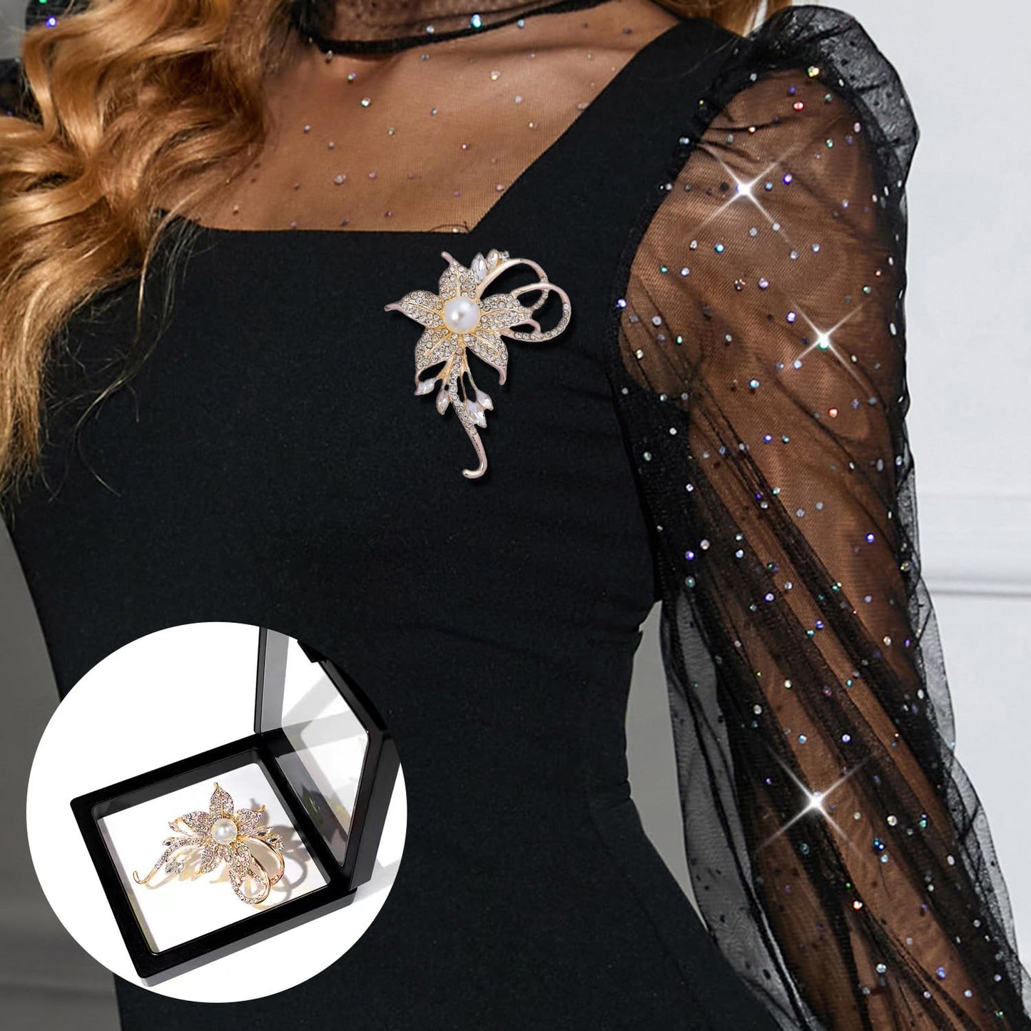 Gold Silver Flower Crystal Brooches Pins Fashion Beautiful Created Rhinestone Pearl Floral Brooch Good Idea for Party Dance Wedding Banquet for Elegant Women Girl(Gold Flower)