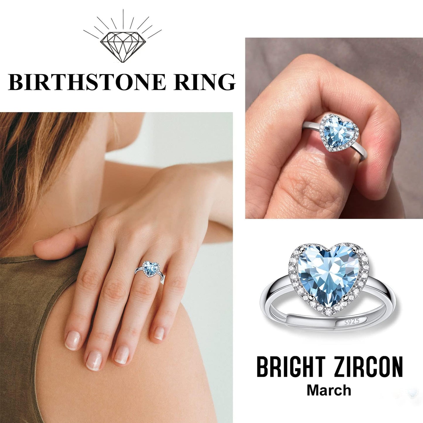 Bestyle 925 Sterling Silver Heart Cut Gemstone Cubic Zirconia Rings for Women April White Diamond Rings, Statement and Promise Ring for Engagement/Wedding/Anniversary/Valentines Day