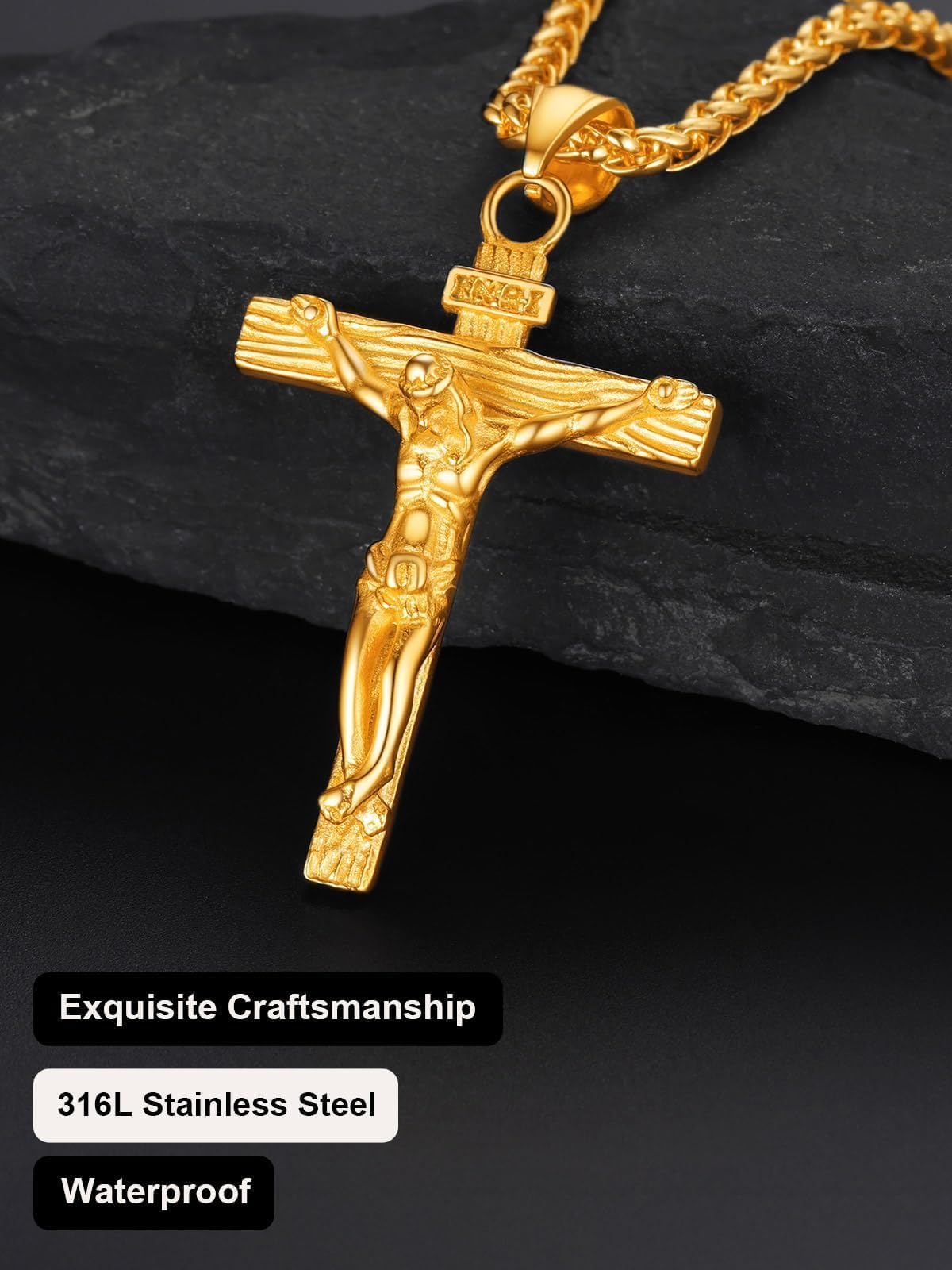 U7 Crucifix Cross Necklace 18K Gold Plated Crucifix Necklace Gold Cross Pendant for Men with Rope Chain 22"