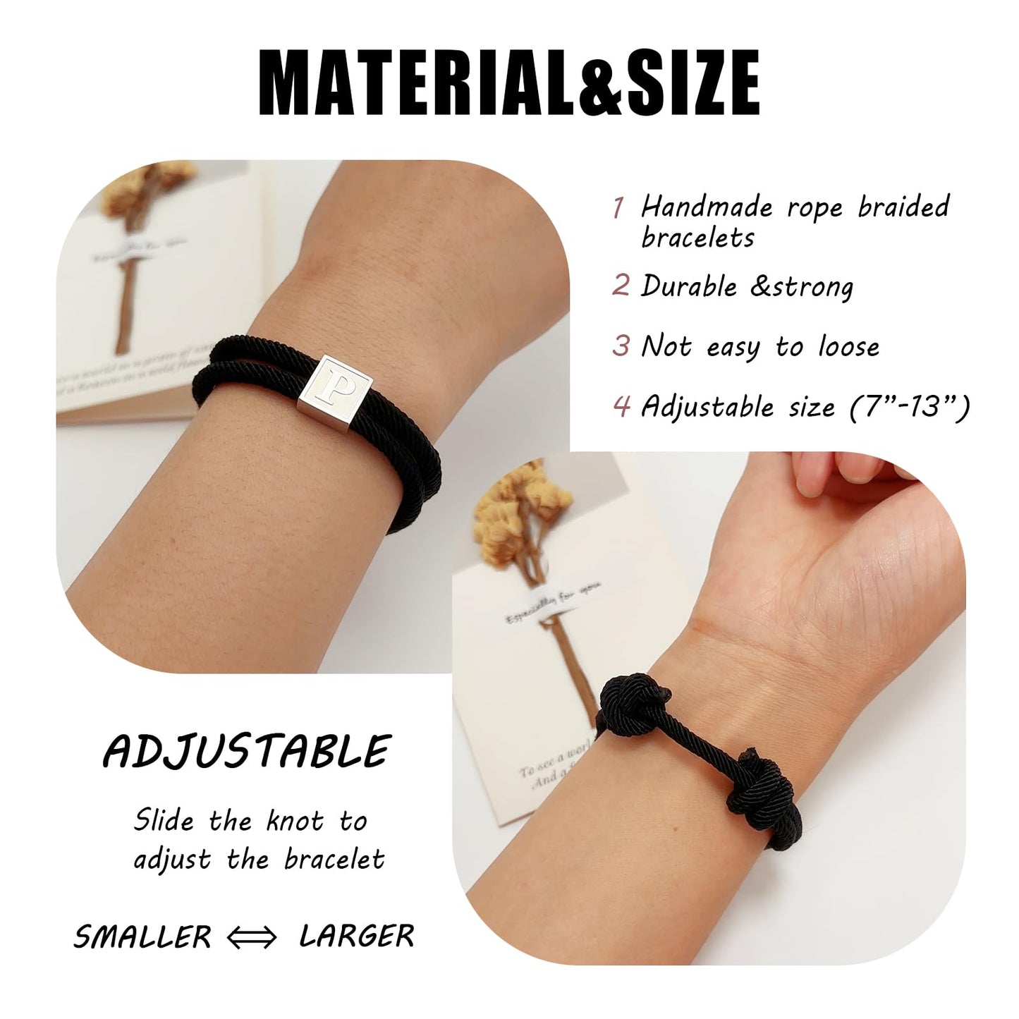 BHDJSHX Stainless Steel Initial Bracelet for Men - Adjustable Black Braided Cord with A-Z Letter (7-13 Inches) - Unisex Jewelry for Brothers, Son, Boyfriend, or Girlfriend(S)