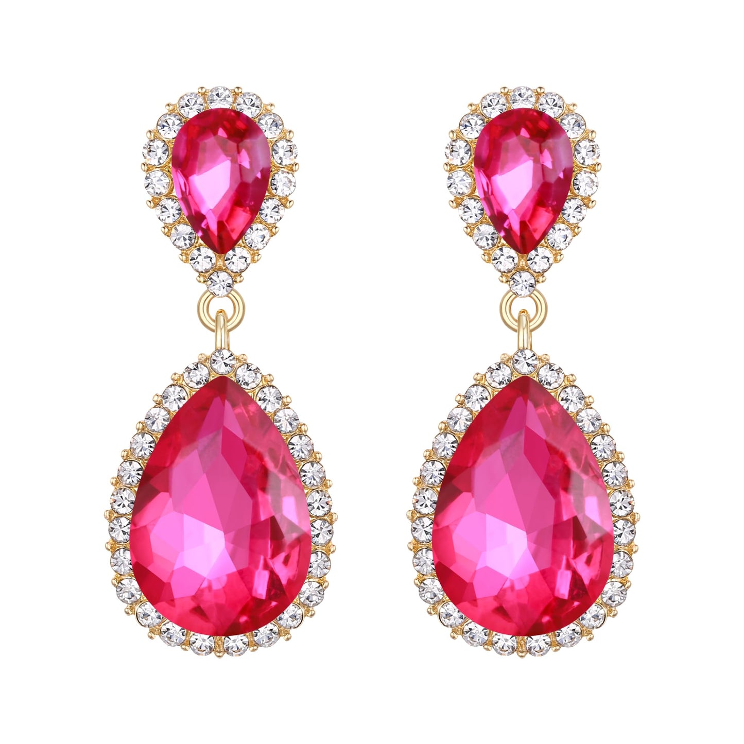 EVER FAITH Women's Fuchsia Austrian Crystal Costume Party Dangle Earrings, Elegant Bridal Waterdrop Pierced Earrings for Bridesmaid Hot Pink