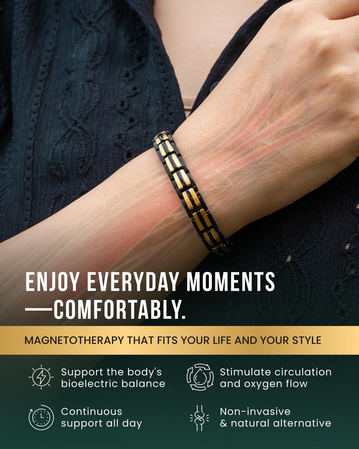 MagnetRX® Magnetic Bracelets for Women - EllipseMAX 5X Strength 5,000 Gauss Magnets - Designed in USA & PATENT PENDING - Premium Titanium Womens Magnetic Bracelet & Adjustable Length (Black/Gold)