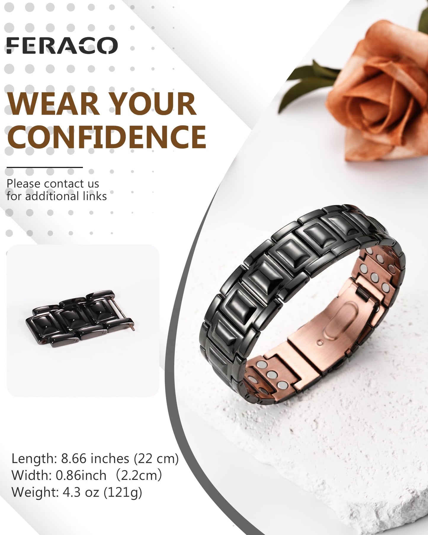 Feraco Copper Bracelet for Men 3X Strength,Magnetic Therapy Bracelet Copper Jewelry with Powerful 3800 Gauss Magnets,Cooper Bracelet for Man Black