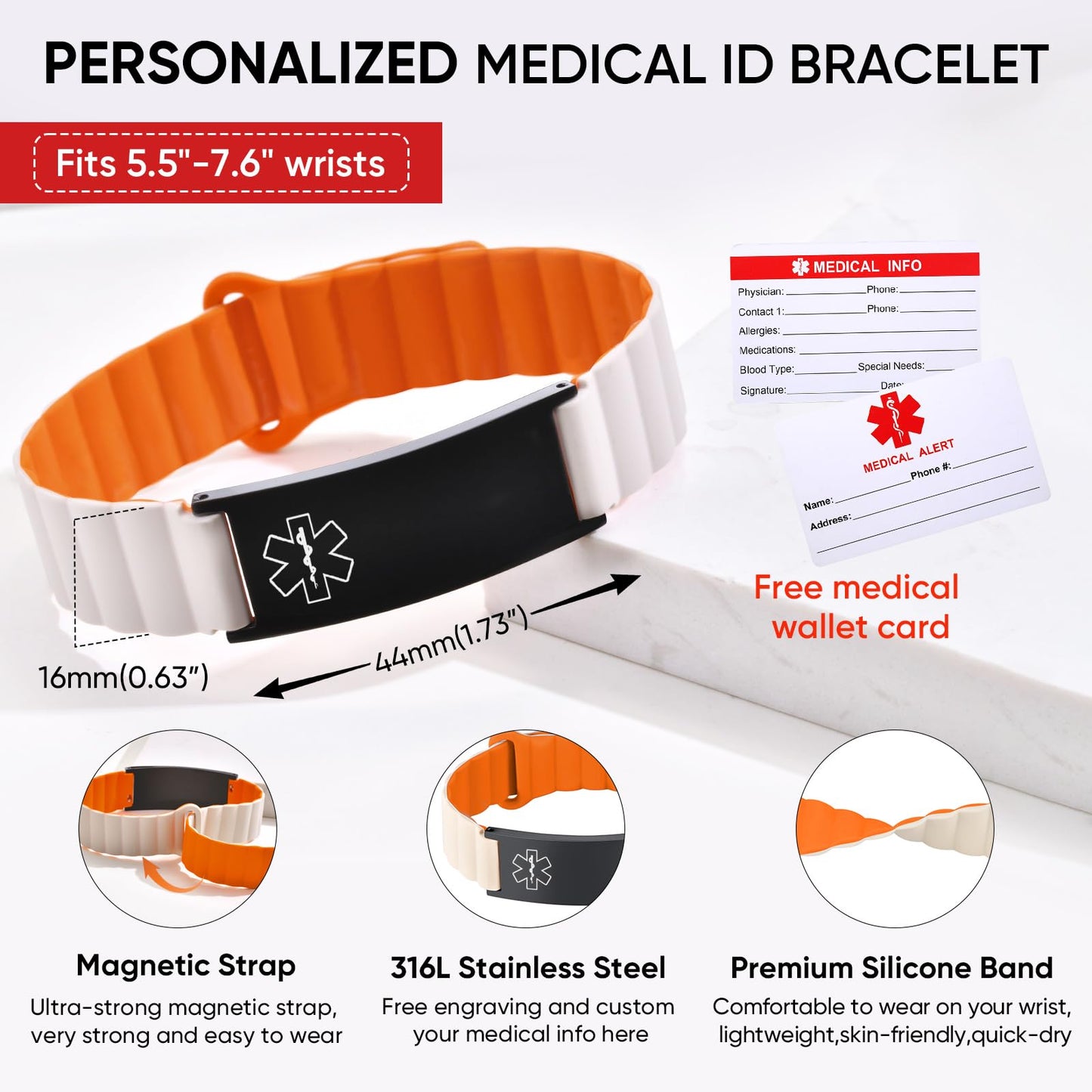 (Price Including Tax)Comfortable Medical ID Bracelet for Men & Women - Custom Engraved Silicone Strap Medical Alert Bracelets for Sports,Adjustable Waterproof Customizable ID Wristband,Orange