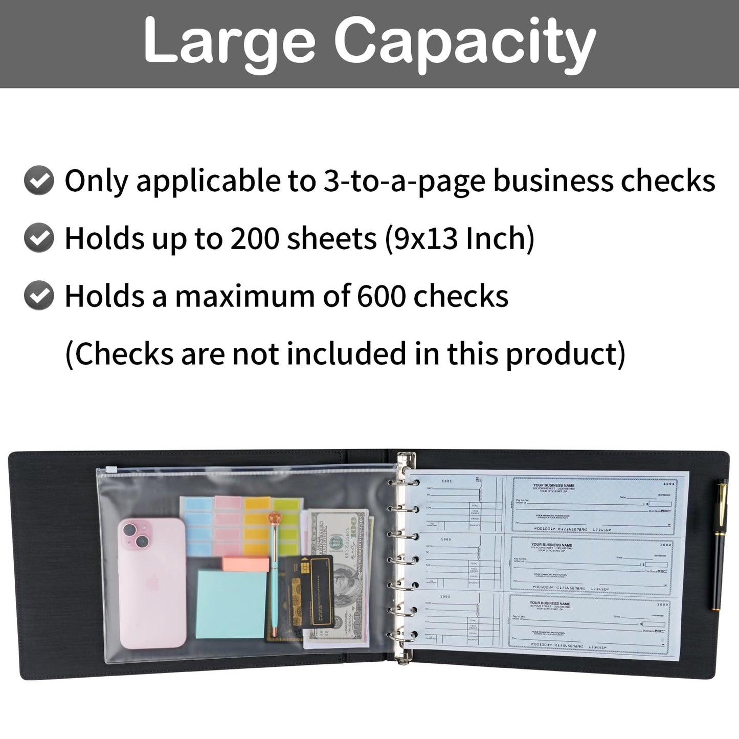 Professional 7 Ring Business Checkbook Binder, Premium PU Leather Organizer for 3-On-A-Page Checks, Perfect for Business and Personal Finances, Fits 9x13 Inch Sheets, 600 Check Capacity
