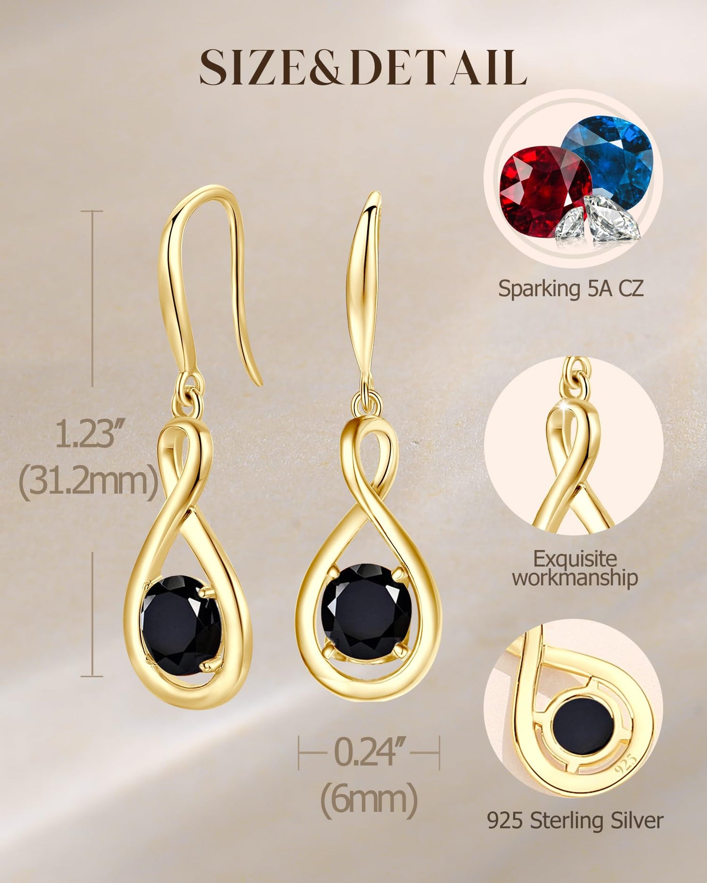 FANCIME Black Tourmaline Dangle Drop Earrings 925 Sterling Silver Yellow Gold Plated Dainty Infinity Bracelet Crystal Black Onyx Gemstone Earring Fine Jewelry Birthday Mothers Day Gifts for Mom Her Women