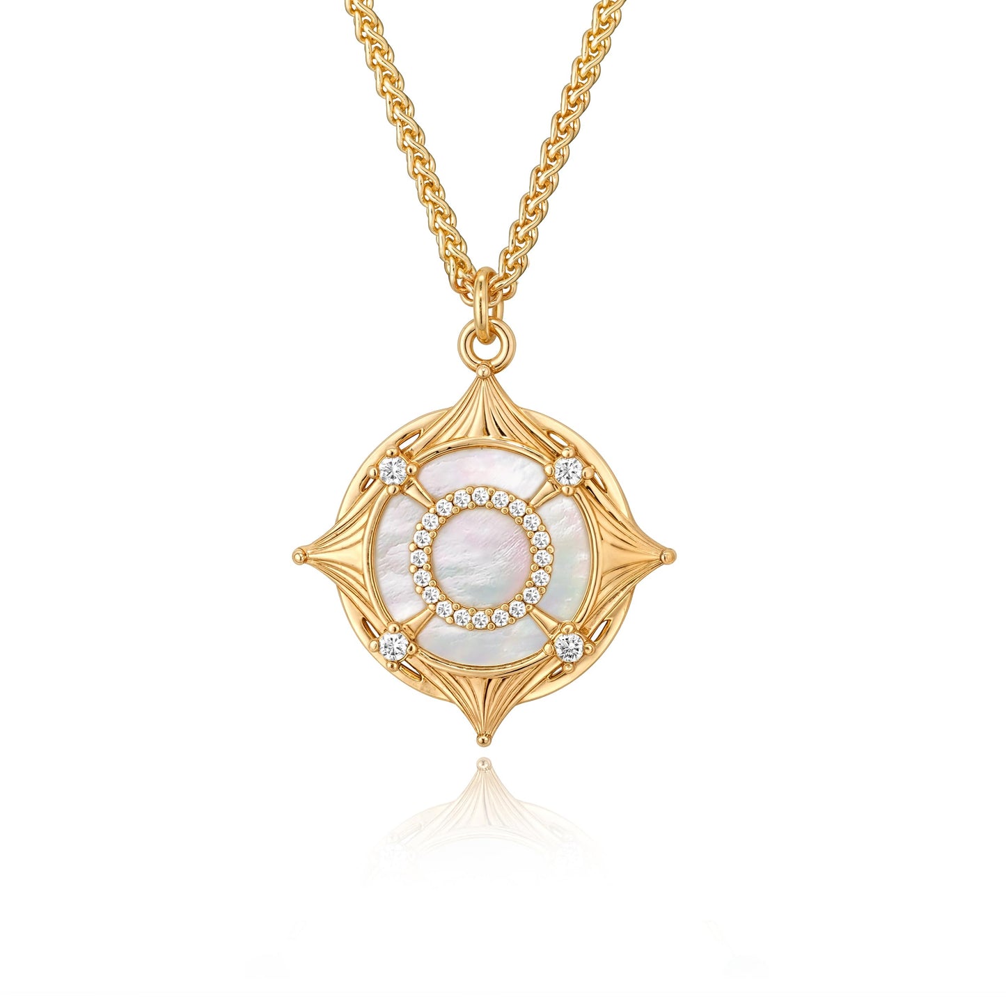 Fettero Dainty MOP Necklaces for Women, 14K Gold Plated Compass Pendant Cute Charm Neclace Delicate Pearl Beach Gold Necklace for Women Jewelry Gift