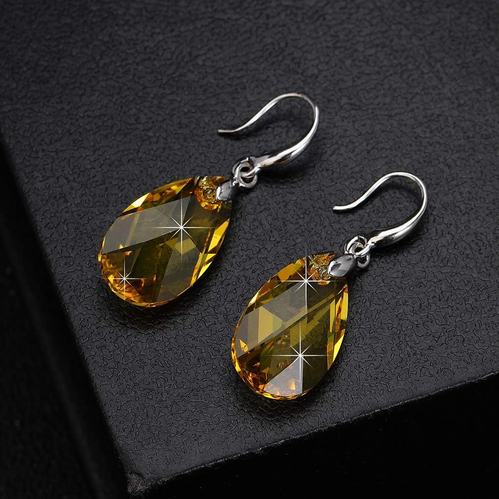 Austrian Crystal Teardrop Dangle Hook Earrings for Women 14K Gold Plated Hypoallergenic Jewelry (Yellow)
