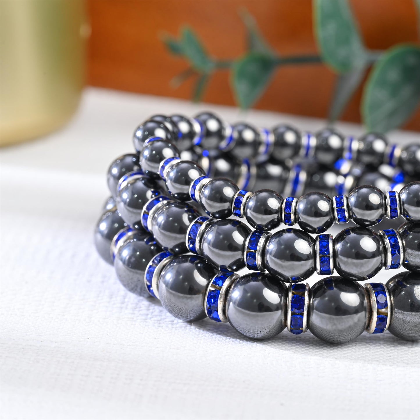 Apocalyptic-K Women's Magnetic Bracelet，Hematite Bracelets，Magnetic Bracelets With Zirconia,Handmade Stretch Bracelet，Eliminates static electricity. (6MM Blue &8MM Zirconia)
