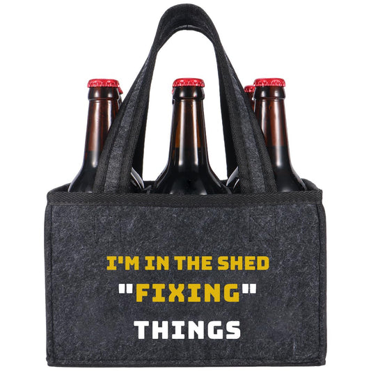 Felt Bottle Carrier for Men, Funny Garage Man Cave Gift, Birthday Gift for Dad, Husband, Boyfriend, Beer Lover, Backyard BBQ & Party Drink Carrier, 6-Bottle Beer Tote with Handle