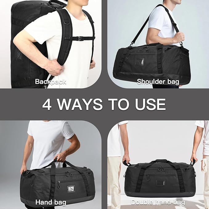 TUGUAN Extra Large Travel Duffle Bag Backpack for Men with Adjustable Dividers 120L Big Weekend Overnight Bag with ID Pocket Shoulder Strap Heavy Duty Sports Duffel Bags for Camping Gym, Black