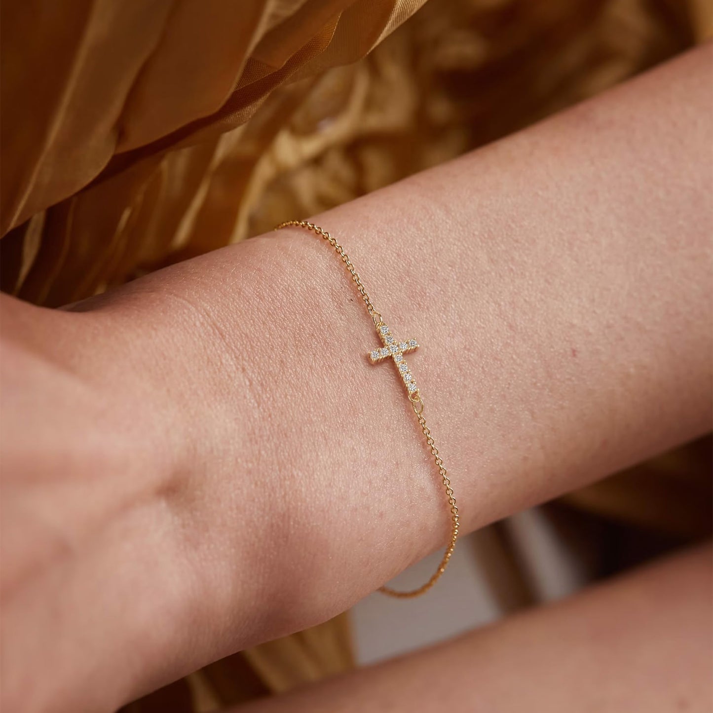 Tewiky Cross Bracelet for Women Dainty 14k Gold Plated Cubic Zirconia Cute Tiny Bracelet Confirmation Gifts for Women