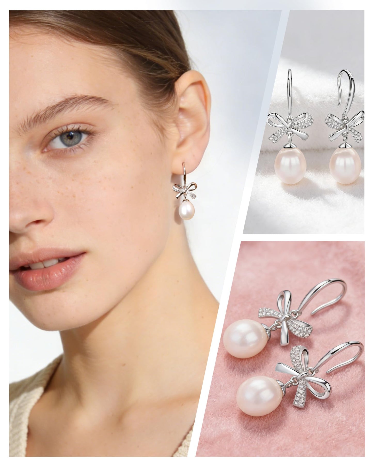 Pearl Drop Earrings for Women, Gold Plated & 925 Sterling Silver, Pink & White Dangle Earrings, Dainty Cute Elegant Bridal Wedding Gift for Her