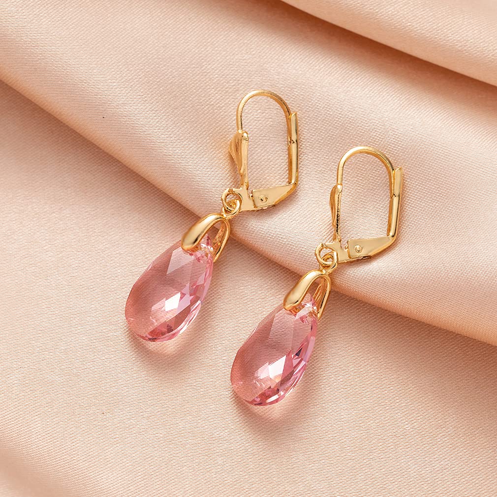 Austrian Crystal Teardrop Leverback Dangle Earrings for Women Fashion 14K Gold Plated Hypoallergenic Jewelry (Pink)