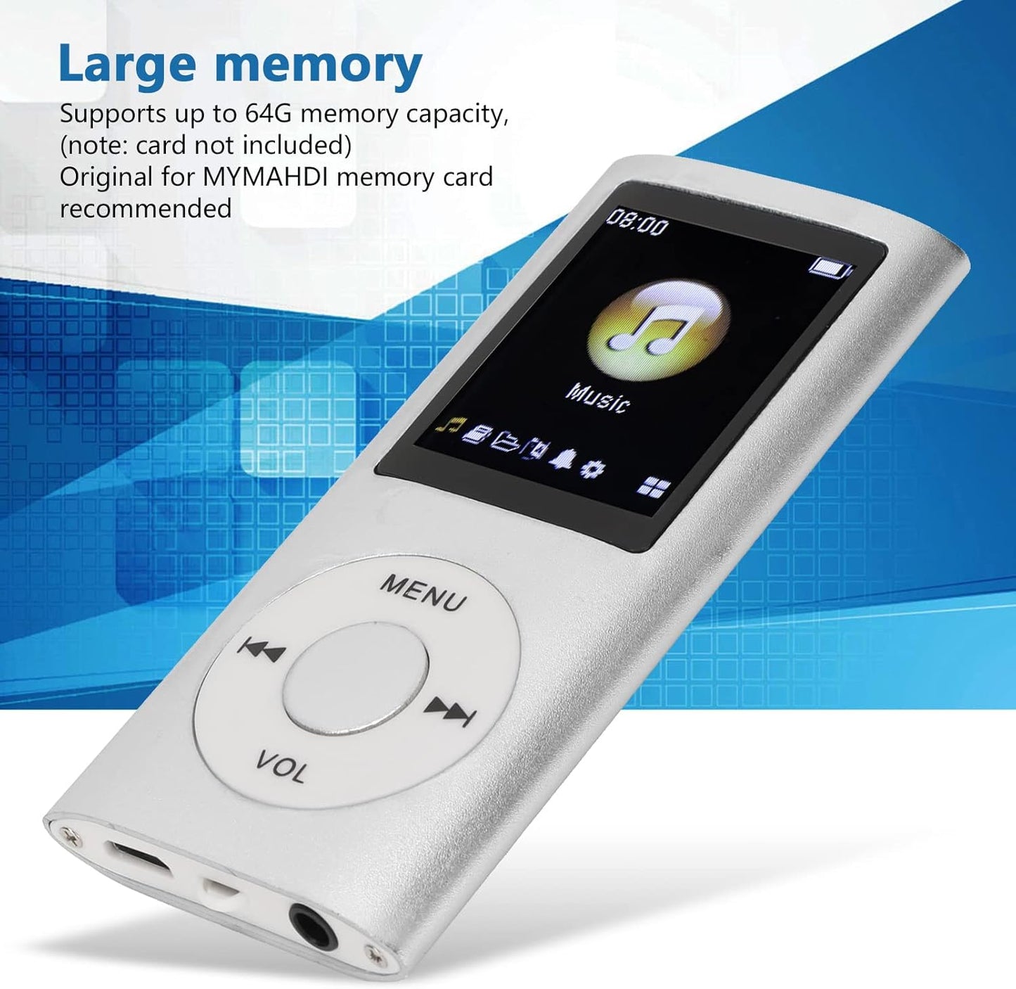 YUEHISY MP3 64GB 8 MP3, Player, with Memory Capacity, Hour Battery Life Portable Music Player, Supports WMA, FLAC, APE