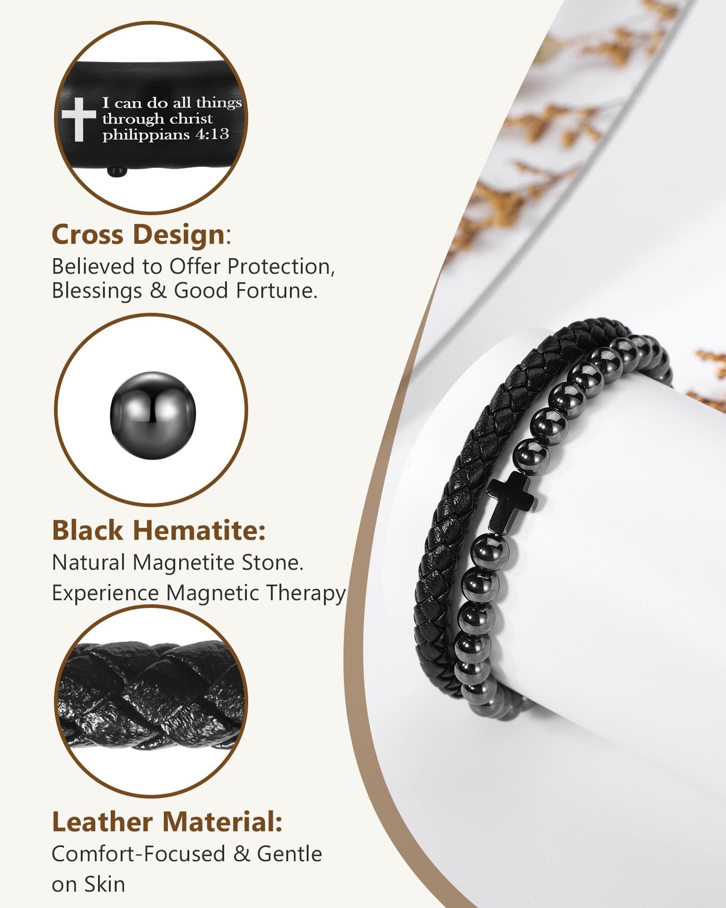 Feraco Magnetic Therapy Cross Braided Leather Bracelet for Men,Hematite Beads Charm Bracelet for Dad,Friends,Brother,Sons