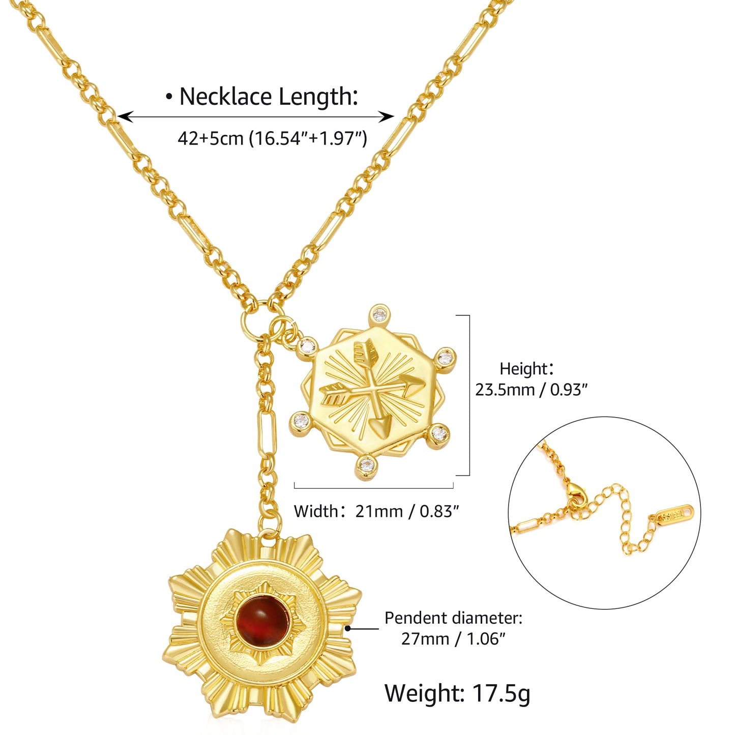 BONJOULRY Chunky Gold Flower Sun Coin Charm Pendant Necklace with Tiger Eye Bead for Women 18K Gold Plated Dainty Link Chain Choker Necklaces Trendy Celestial Jewelry Holiday Gift