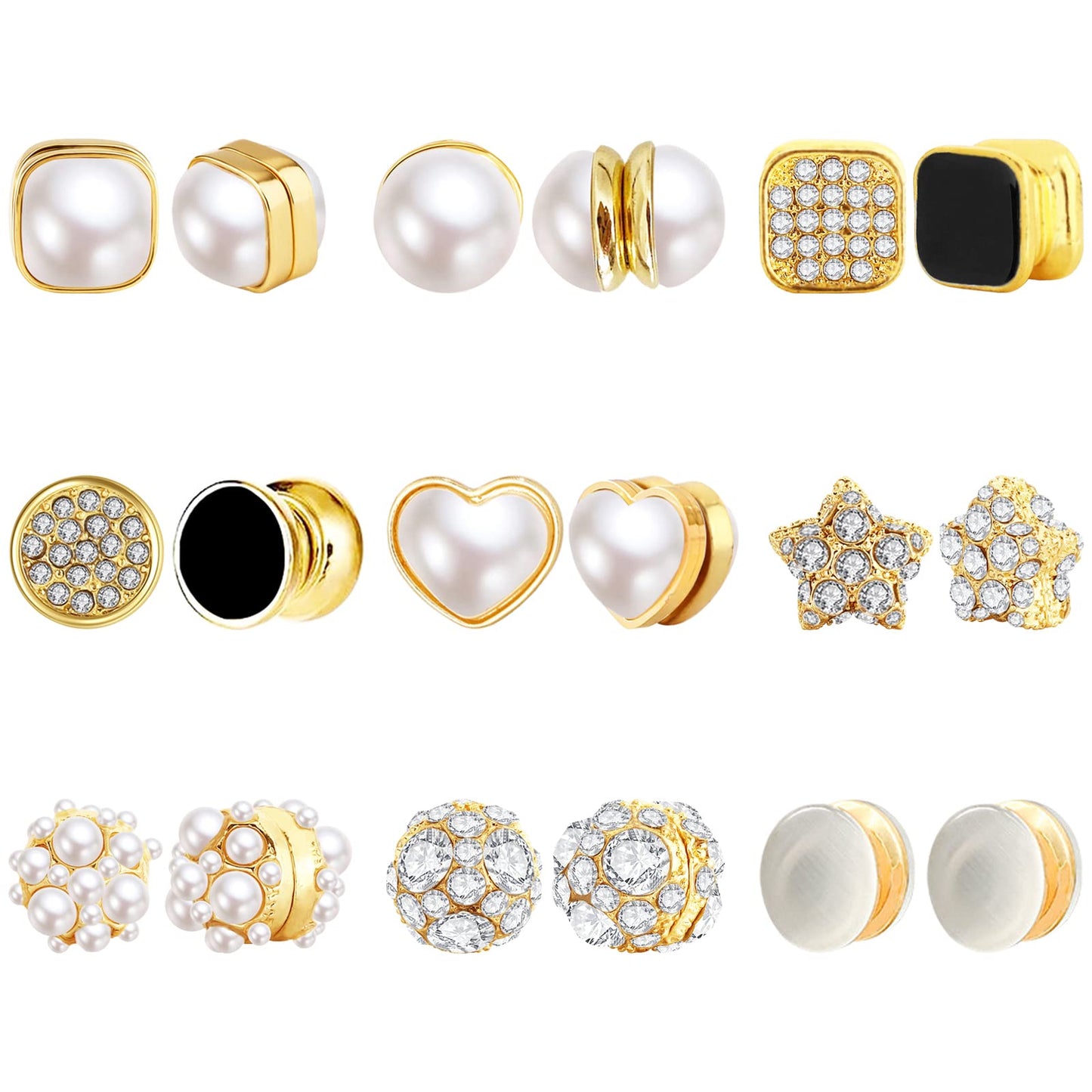 NEWITIN 9 Pairs Magnetic Stud Earrings for Women Clip on Earring Magnet Studs Inlaid Cubic Zirconia Pearl Stud Earring Fashion Non Piercing Magnetic Earrings for Women Men