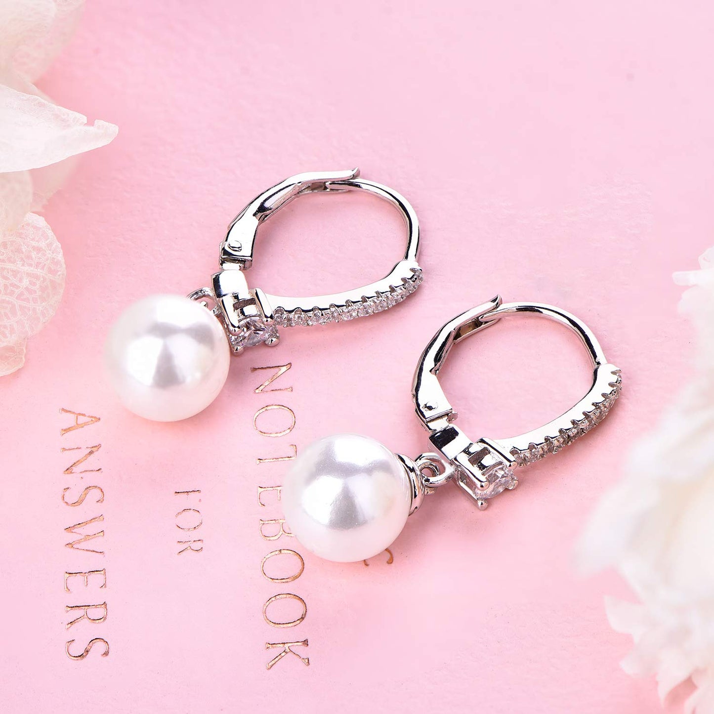 JO WISDOM 925 Sterling Silver Black/White Pearl Earrings for Women with Simulated Dangle Pearls 8mm