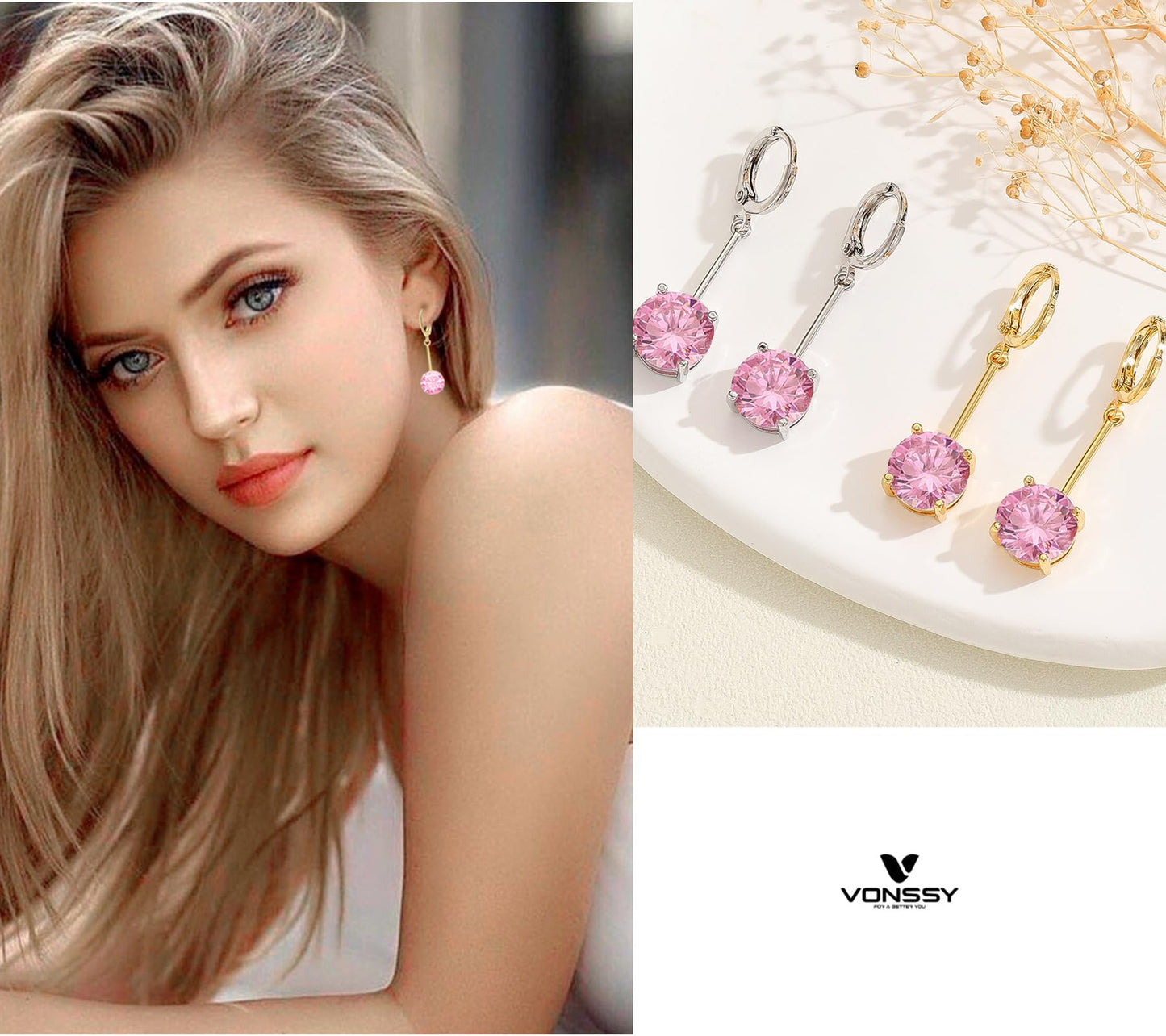VONSSY Gemstone Drop Dangle Earrings | Platinum/Gold Plated Leverback Crystal Cubic Zirconia Hanging Red/Pink/Blue Earrings (Pink-Gold)