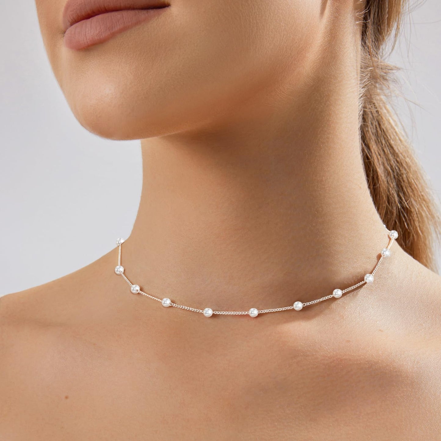 Zeffy Dainty Silver Pearl Necklace for Women Small Pearls Chain Necklace Tiny Pearl Beaded Choker Necklace for Women Simple Jewelry Gifts