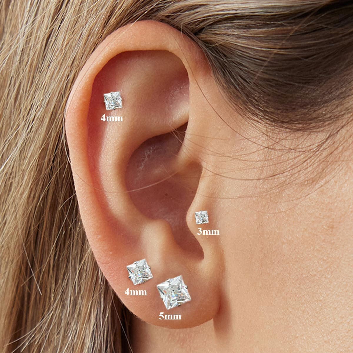 Princess Cut Square CZ Stud Earrings Flat Back, Screw Back Small Gold Clear Cubic Zirconia Studs Earrings Set for Women Men, Pack of 3 Pairs (3mm 4mm 5mm)
