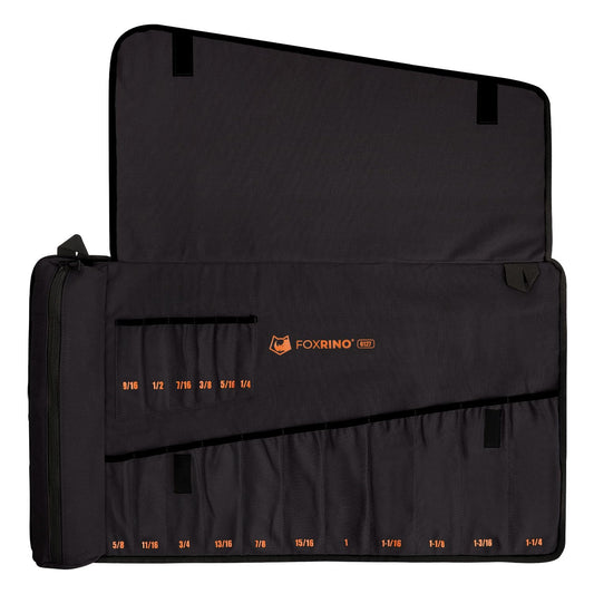 Foxrino Wrench Roll, Wrench Roll Up Pouch, 17-Pocket Heavy Duty Canvas Wrench Organizer Bag for SAE Combination Wrenches, Portable Tool Roll Bag, Gifts for Men for Fathers Day (Black, 17+1 SAE)