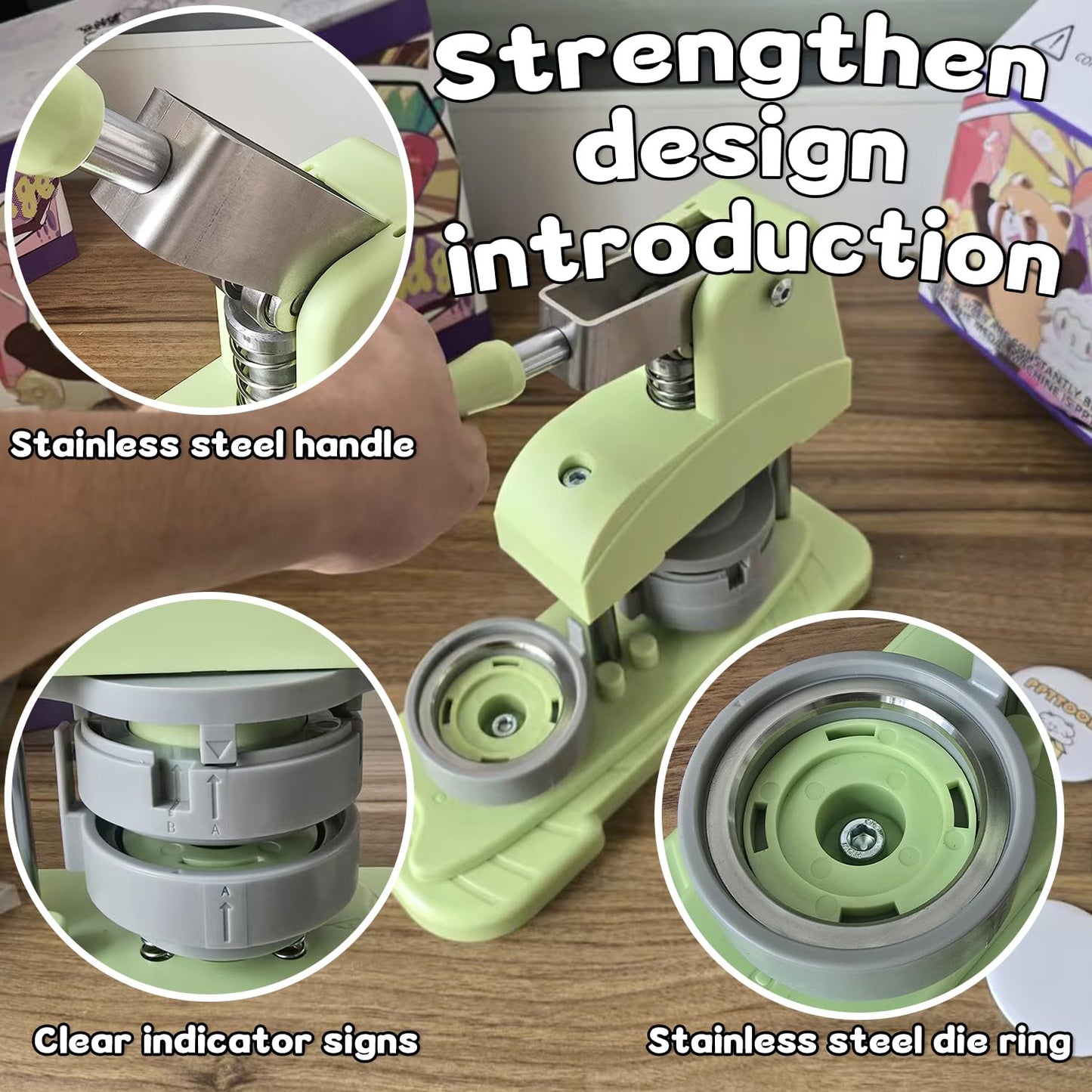 Green 58mm (2.25in) 5th Gen Button Maker Machine - Installation-Free DIY Pin Badge Press with Free Button Parts, Circle Cutter, Cutting Mat, Color Film & Pictures