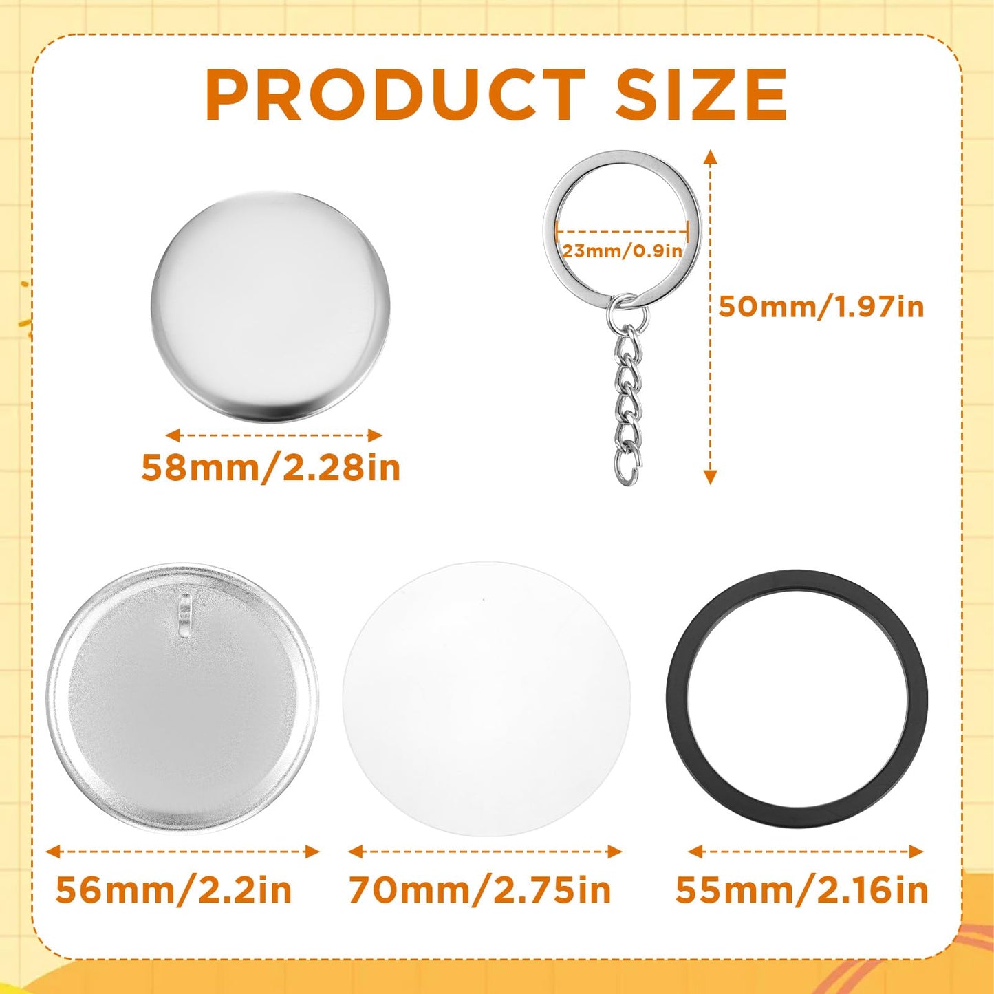 100 Sets Button Maker Keychains Supplies 58mm/2.25 inch Button Making Supplies for Metal Buttons Keychain Maker Machine with Shell Back Cover Film Chain Head