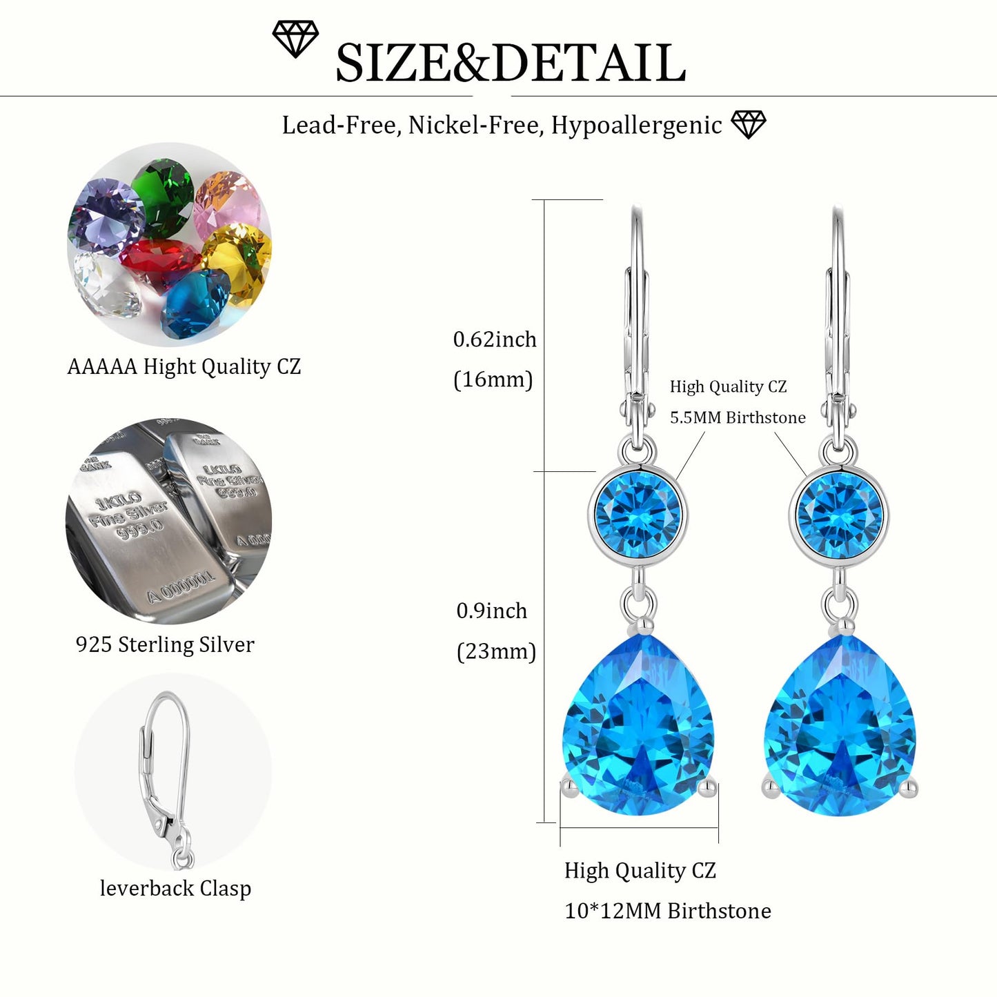 FYNSBLE Aquamarine Earrings for Women Sterling Silver Dangle Drop Leverback Earrings Hypoallergenic Jewelry Birthday for Women