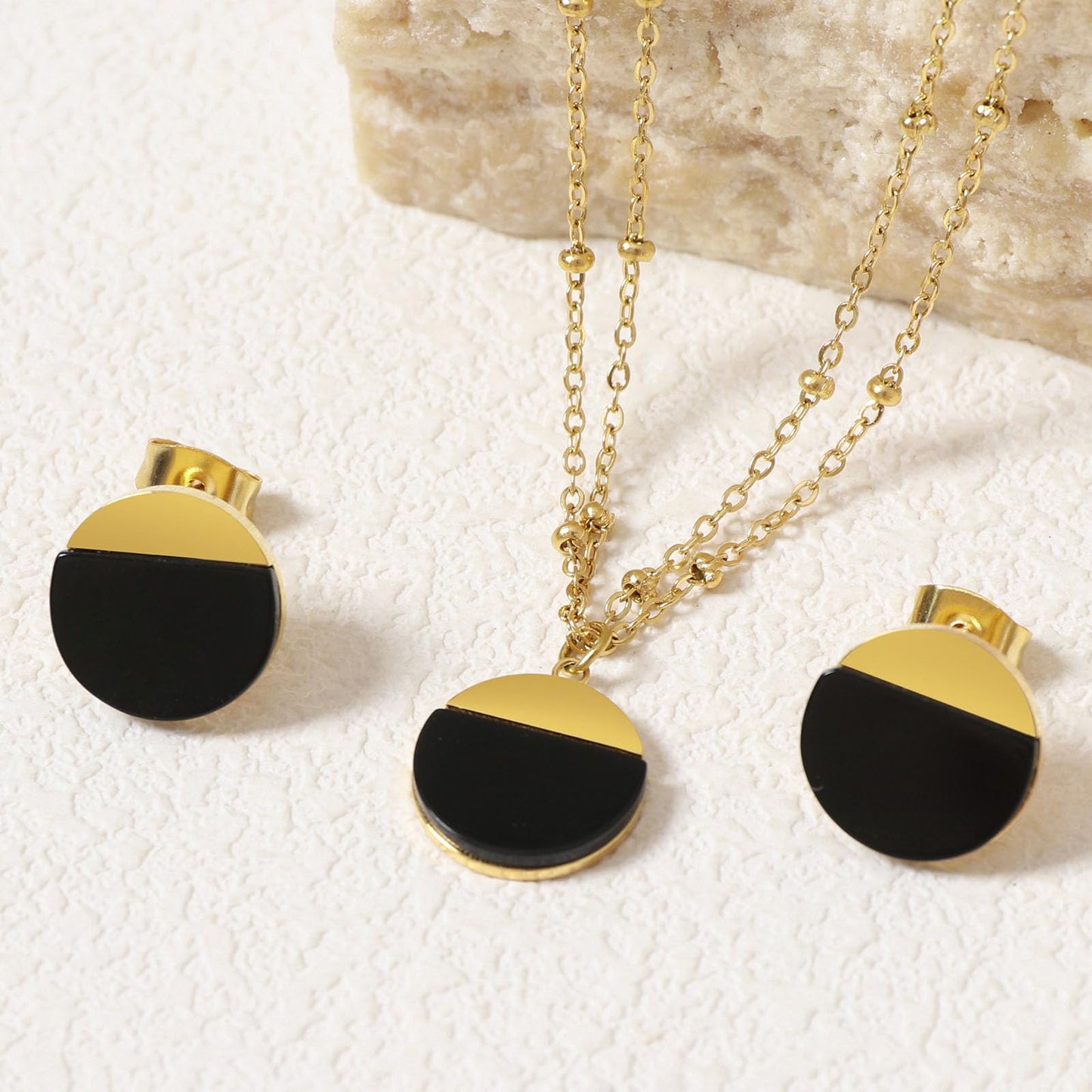 TaYolnFaSo Natural Black Agate Jewelry Set for Women 18K Gold Plated Black Onyx Stud Earrings Double Chain Necklace Set Dainty Jewelry Gift