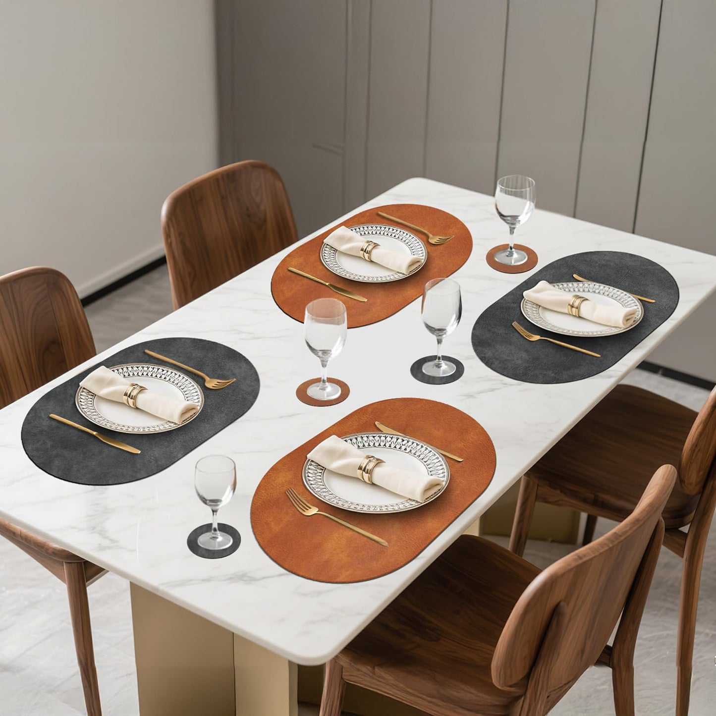 Pixieora Oval Placemats and Coasters Set of 6, Washable Reversible Faux Leather Placemats Cowhide Pattern Place Mats Wipeable Non-Slip 12 x 17 inch Kitchen Dining Table Mats (Gray Brown, 6)